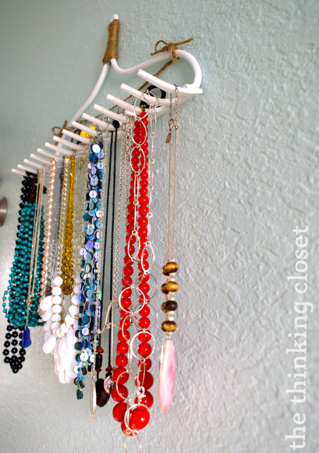 DIY Rake Necklace Hanger the thinking closet