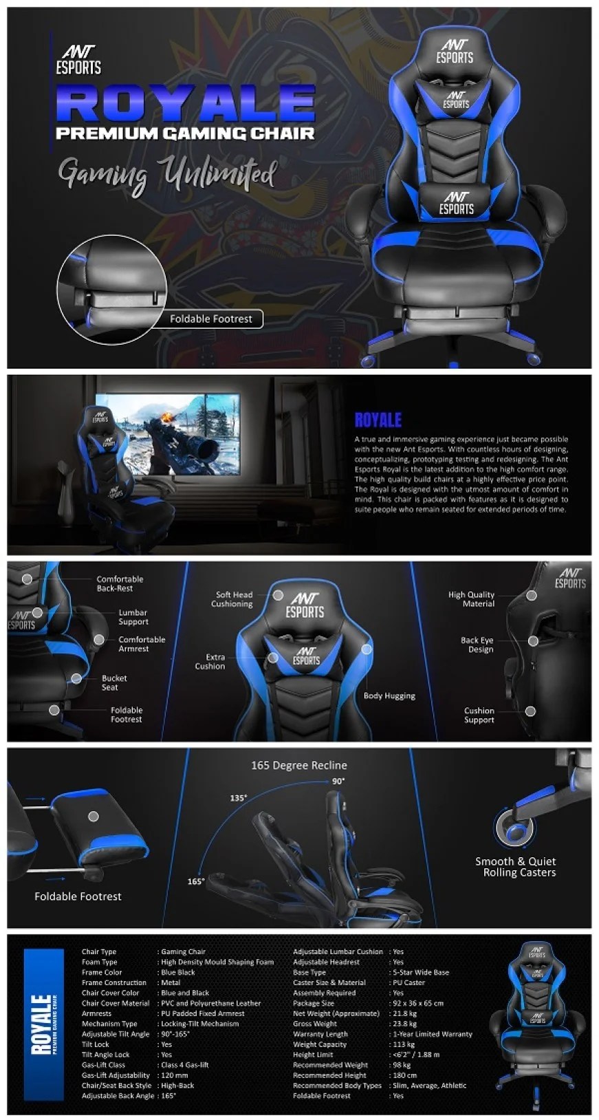 Ant Esports Royale Gaming Chair Black/Blue Think PC,