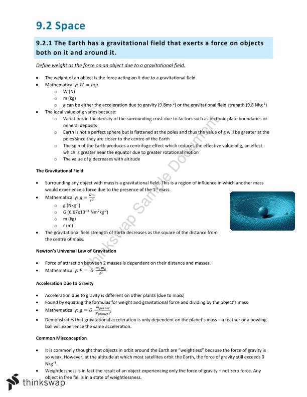 HSC Physics Space Notes (9.2) Physics Year 12 HSC Thinkswap