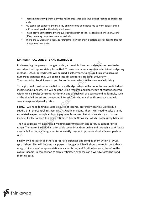 Unit 1 Consumer Arithmetic PSMT Student Budget Year 11 QCE