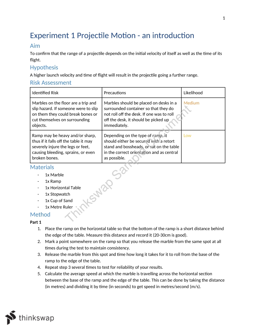 Projectile Motion Depth Study Portfolio Physics Year 12 HSC Thinkswap
