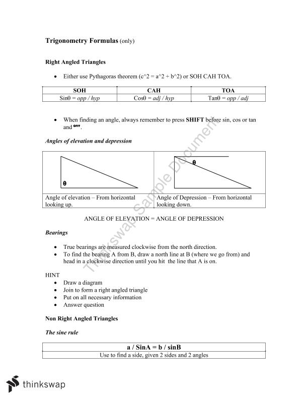 Formulas and Notes for Year 11 General Maths Year 11 HSC