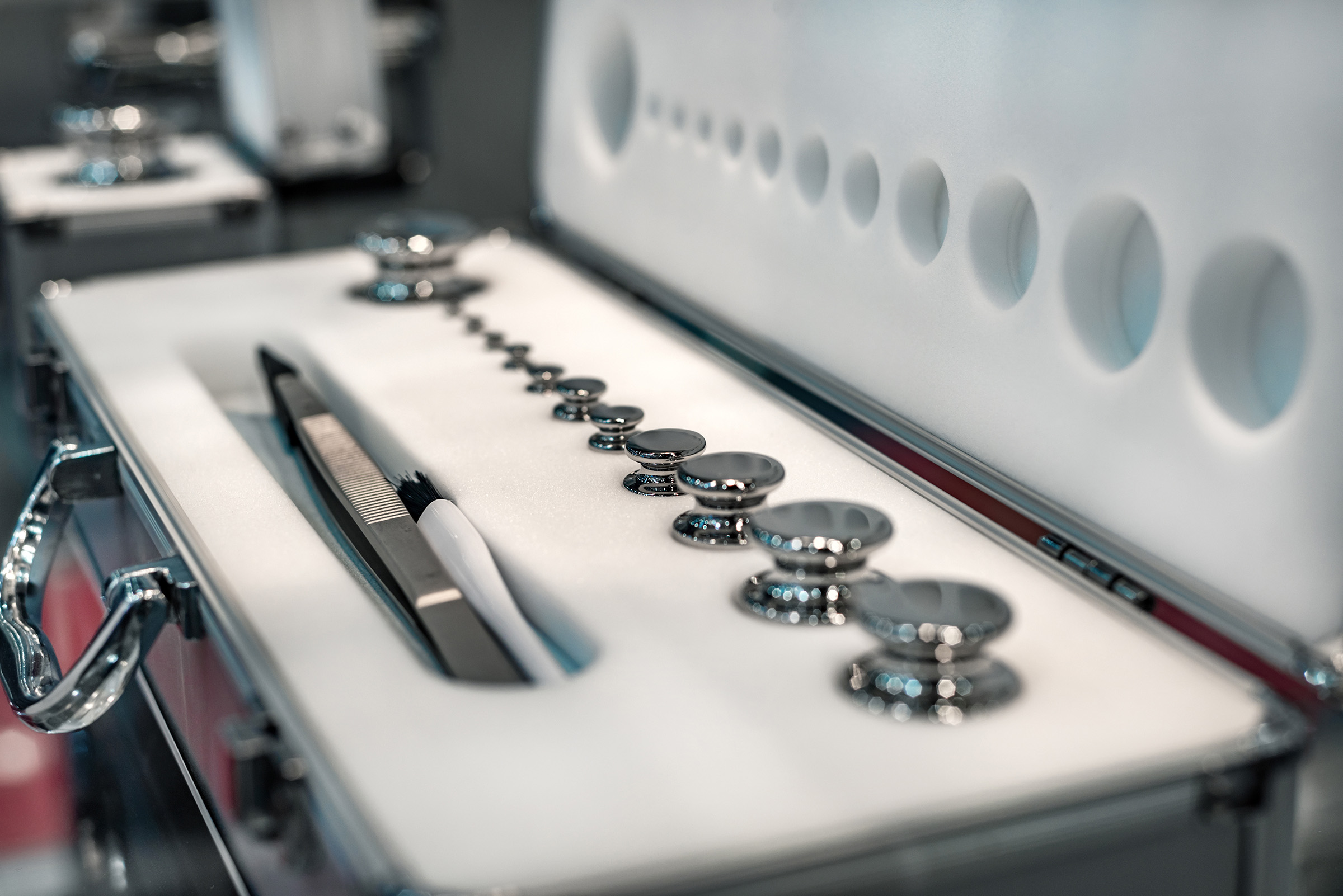 A set of laboratory weights. Highprecision weights for standard weight