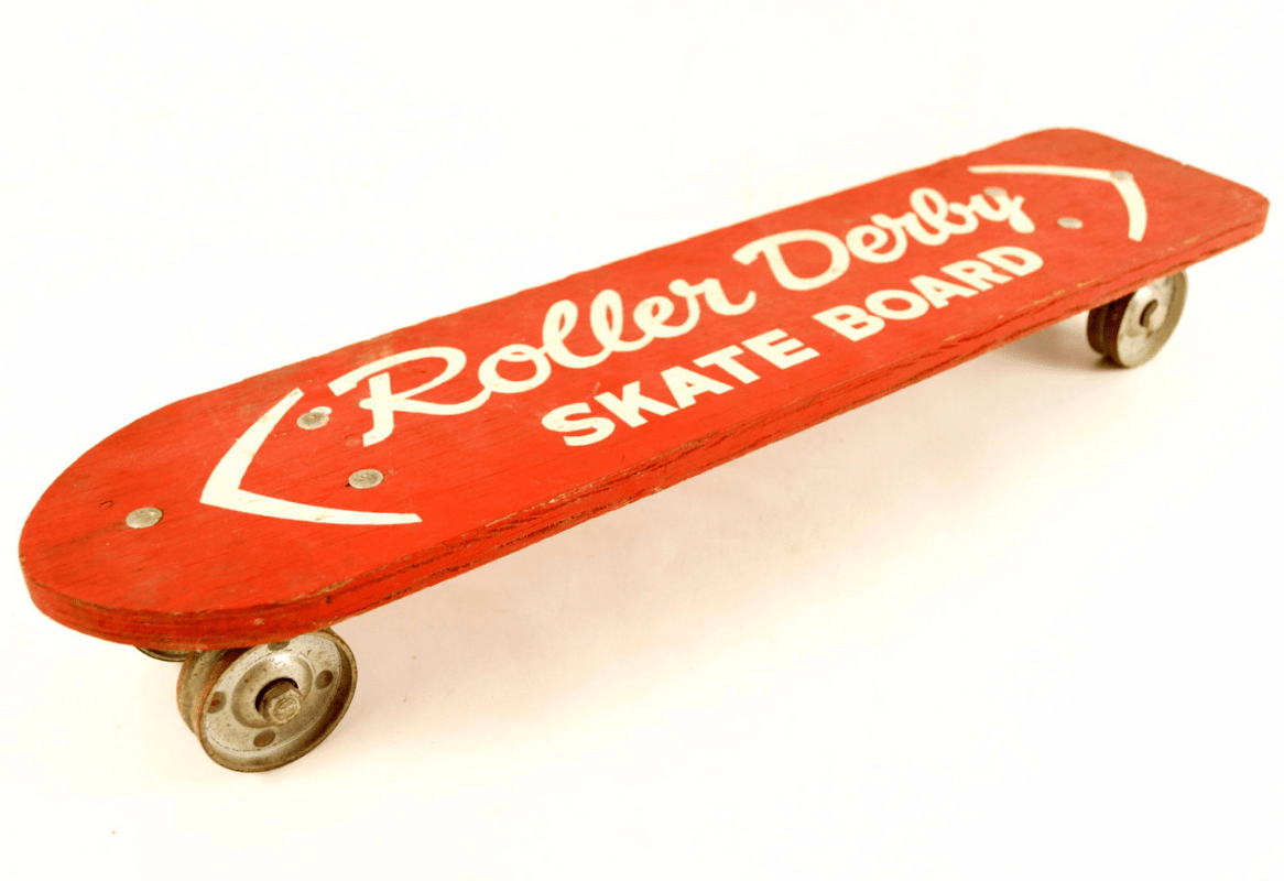 Vintage Roller Derby Skate Board in Red, Wood Skateboard with Steel
