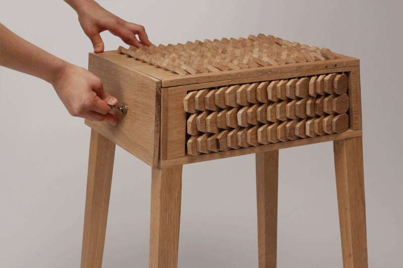 A Novel Drawer Covered in Wooden Scales Appears to React When in Use