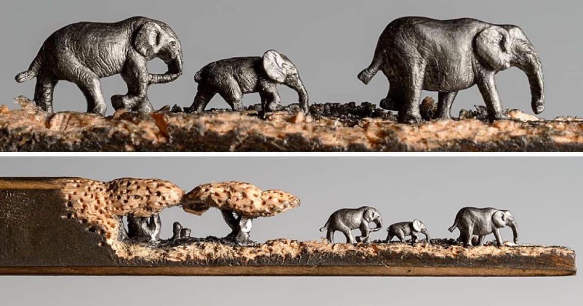 A Miniature Landscape of Elephants Carved From the Tip of a Pencil by