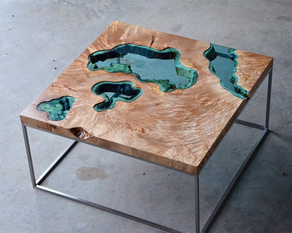 Wood Tables and Wall Art Embedded with Glass Rivers and Lakes by Greg Klassen — Colossal
