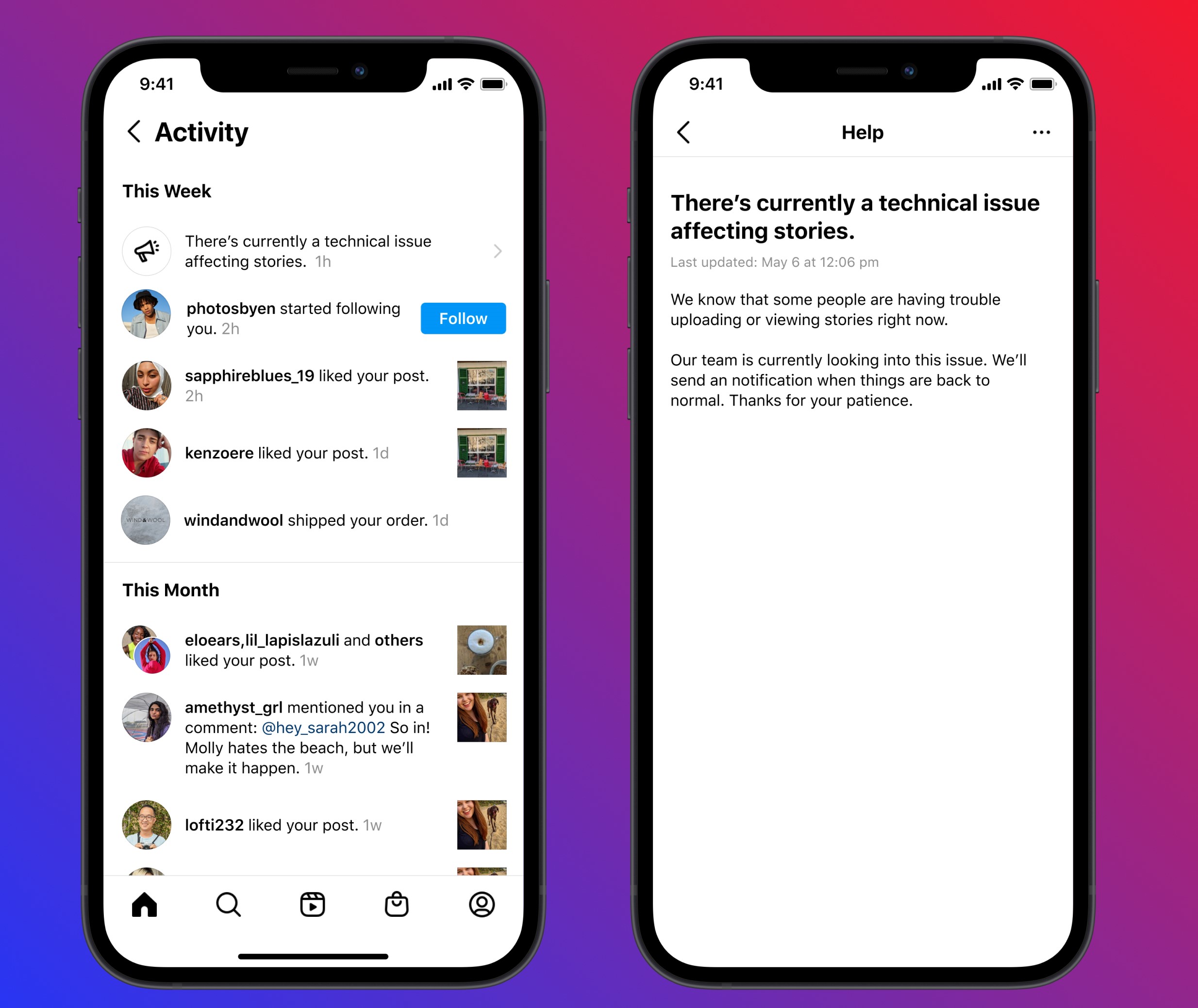 Instagram Nach dem Ausfall werden StatusBenachrichtigungen getestet
