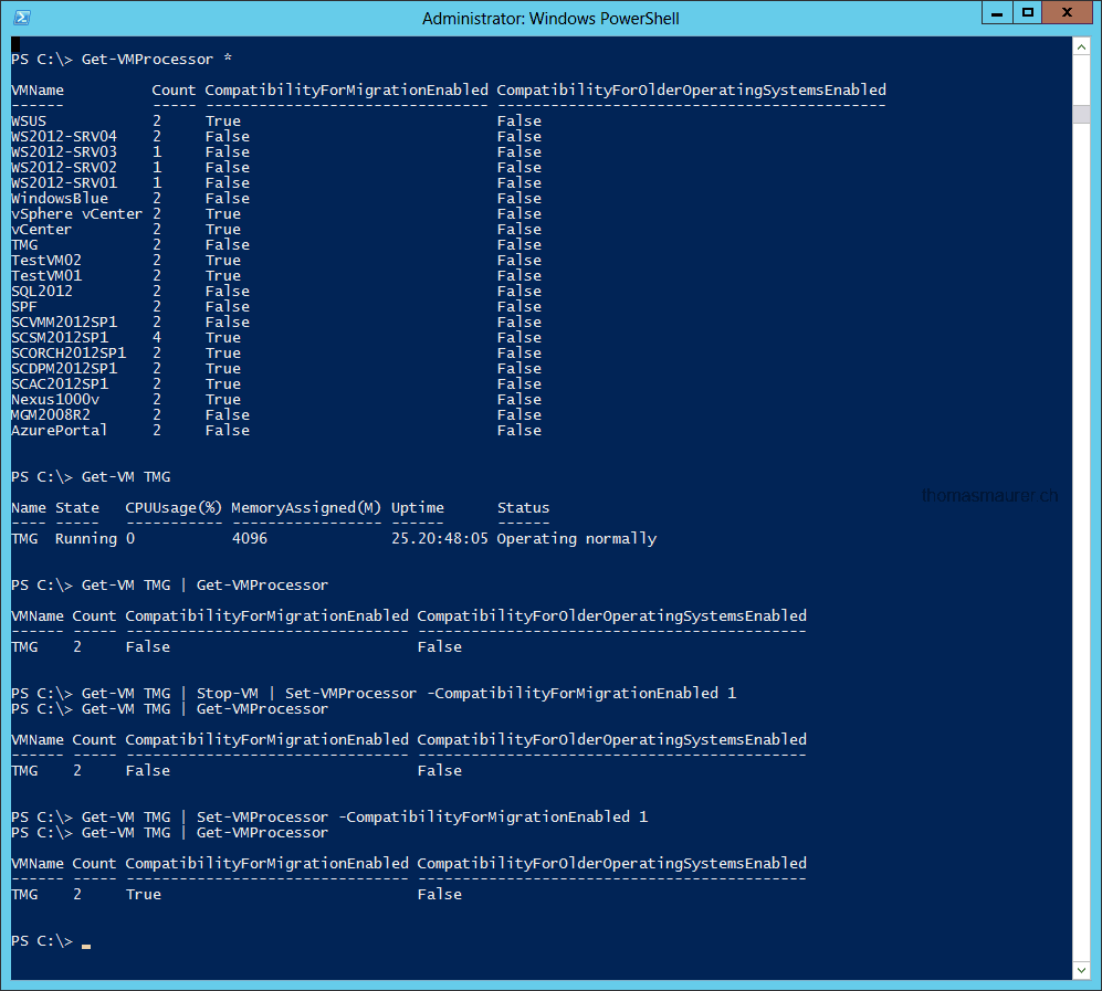 Windows Server 2012 HyperV Configure VM Processor Compatibility via