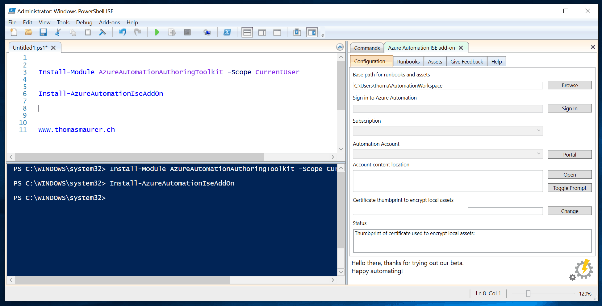 Azure Automation PowerShell ISE addon Thomas Maurer