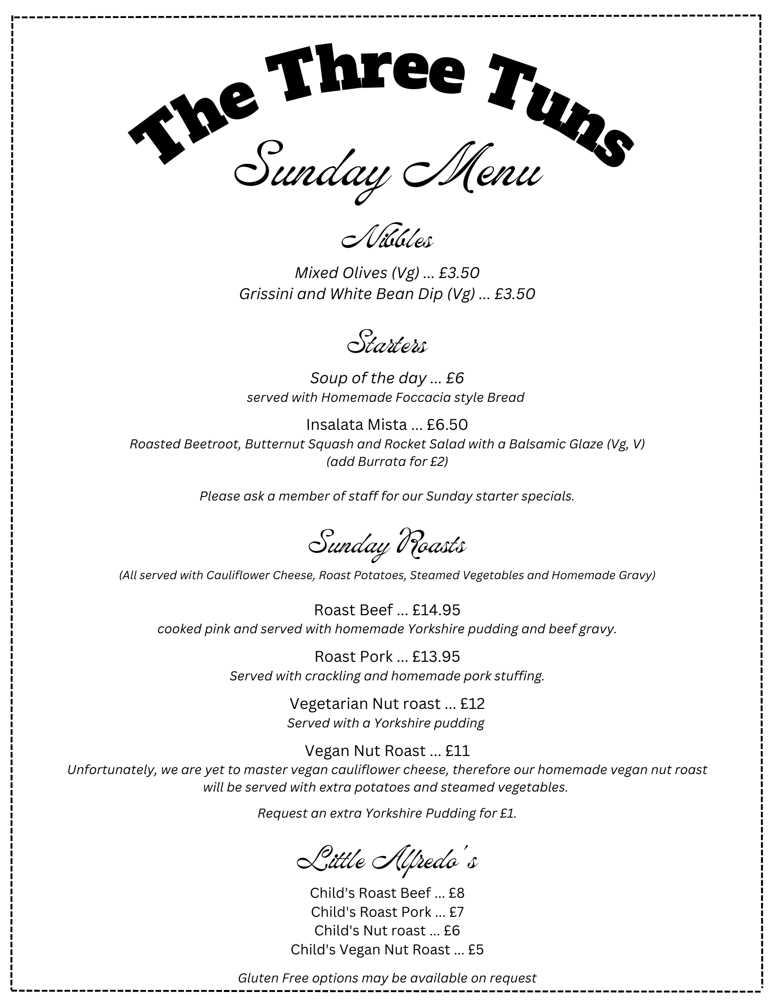 Restaurant Menus at the Three Tuns — Three Tuns