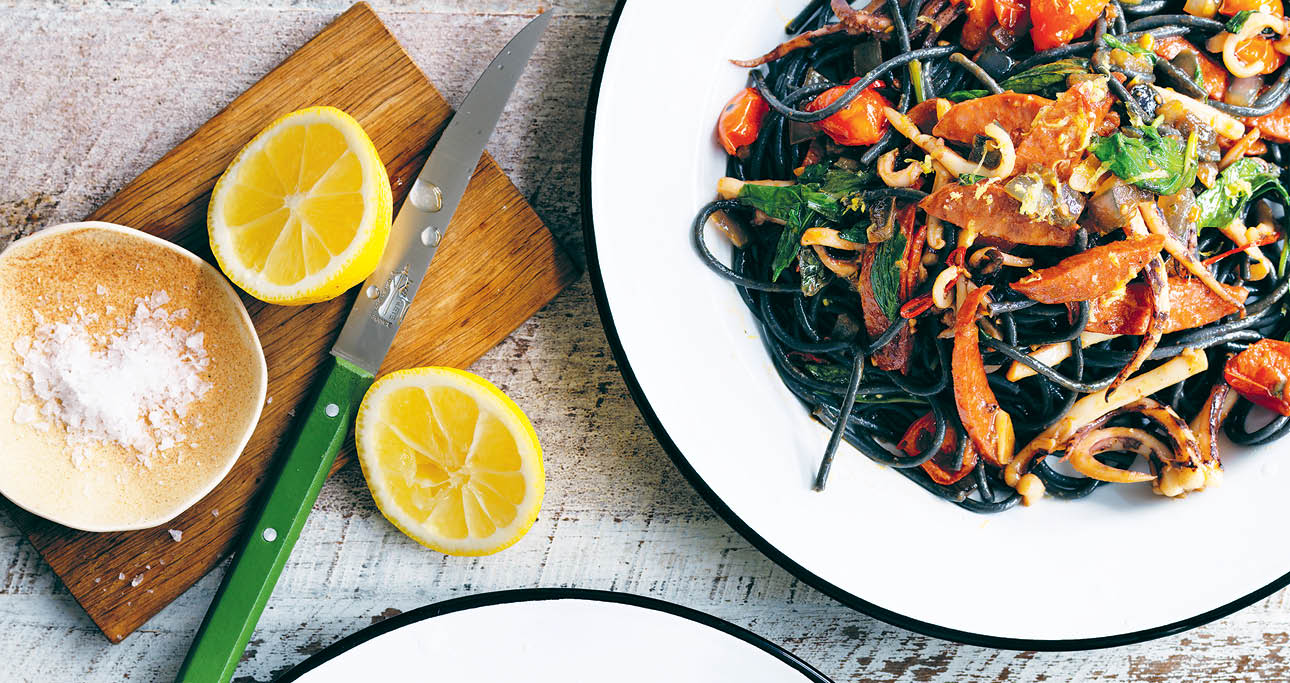 Squid Ink Pasta with Cuttlefish, Chorizo, Tomatoes & Basil Three Blue