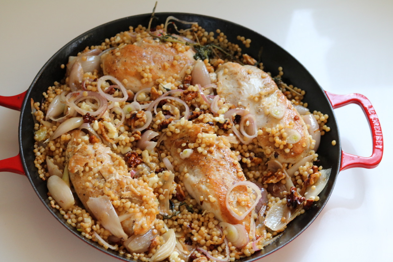 Skillet Chicken With Israeli Couscous, Lemon and Halloumi Three