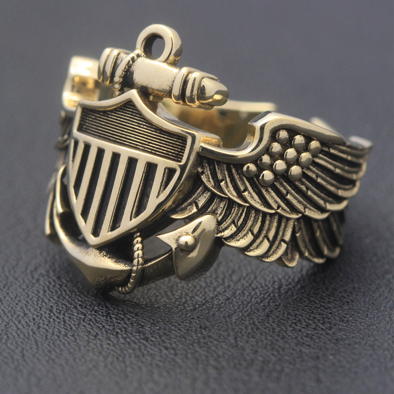 Vintage WW2 USN Navy Naval Aviator Pilot Wings Anchor Solid Brass Ring