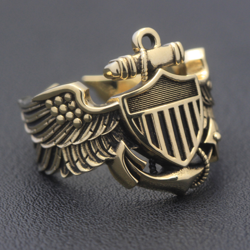 Vintage WW2 USN Navy Naval Aviator Pilot Wings Anchor Solid Brass Ring