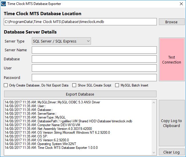 Exporting the Data File to SQL Server Time Clock MTS