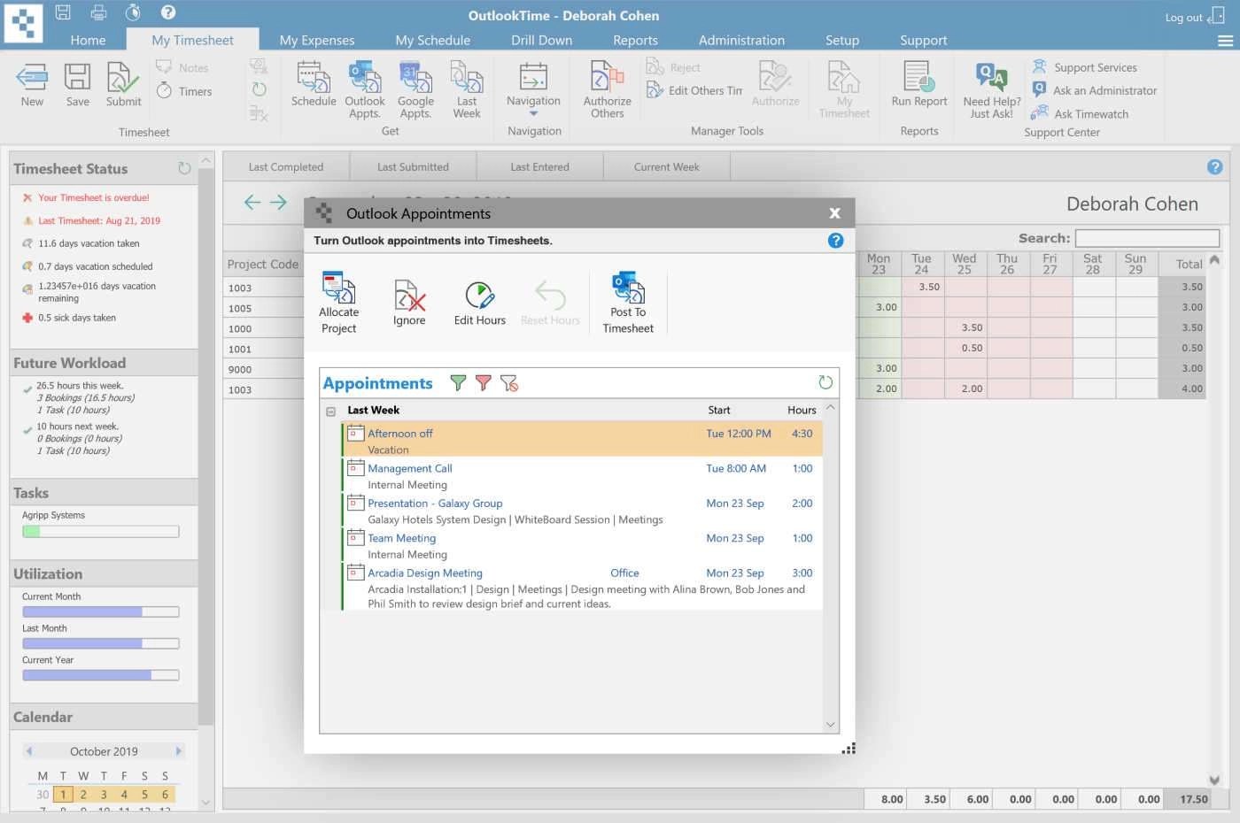 Office 365 timesheet system. Turns Outlook appointments into timesheets