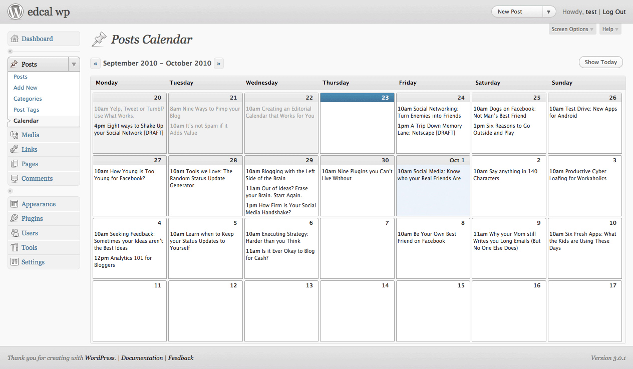 Blogfesiones XXI Editorial calendar para Wordpress
