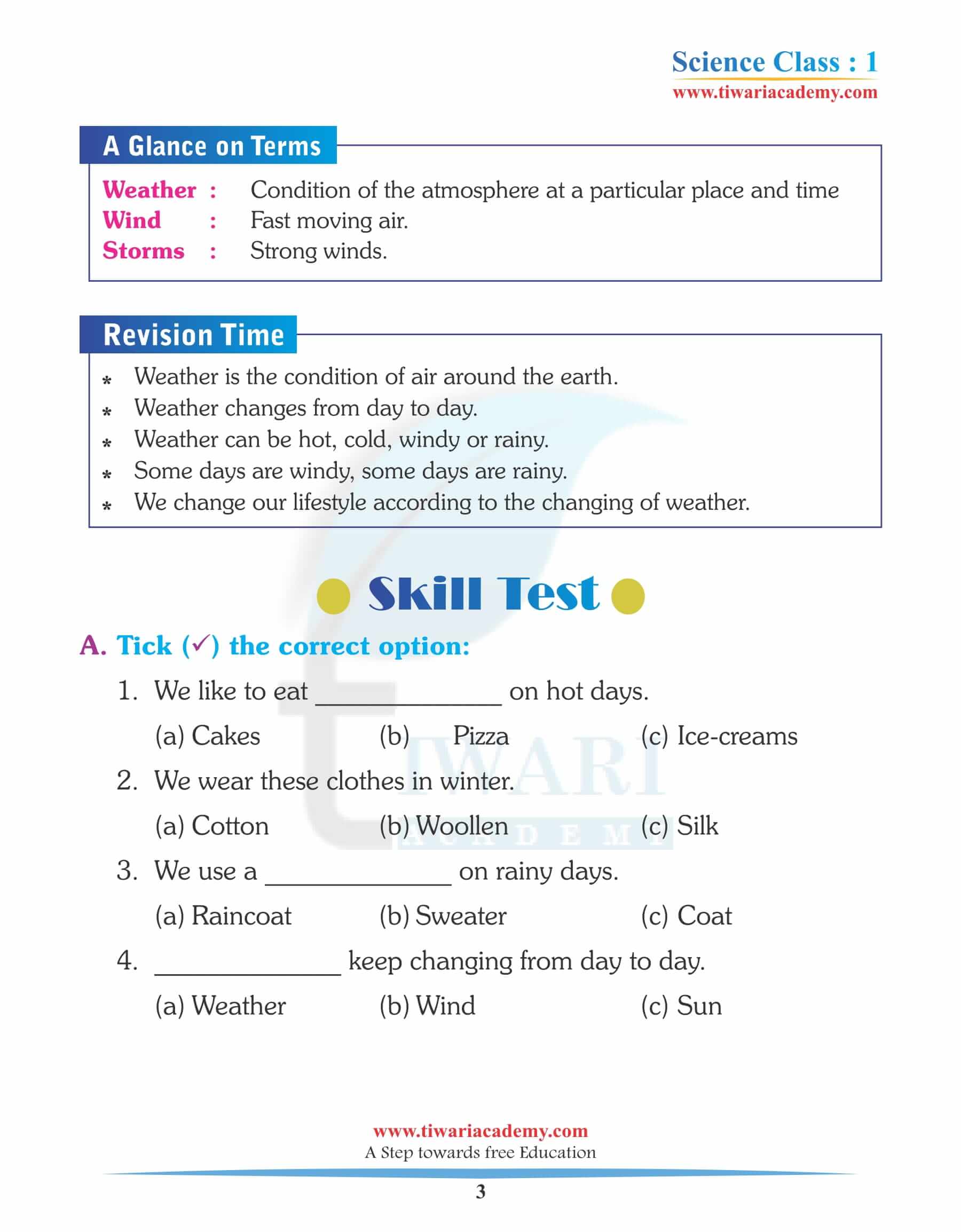 Class 1 Science Chapter 11 Weather and Season in English Medium Free.