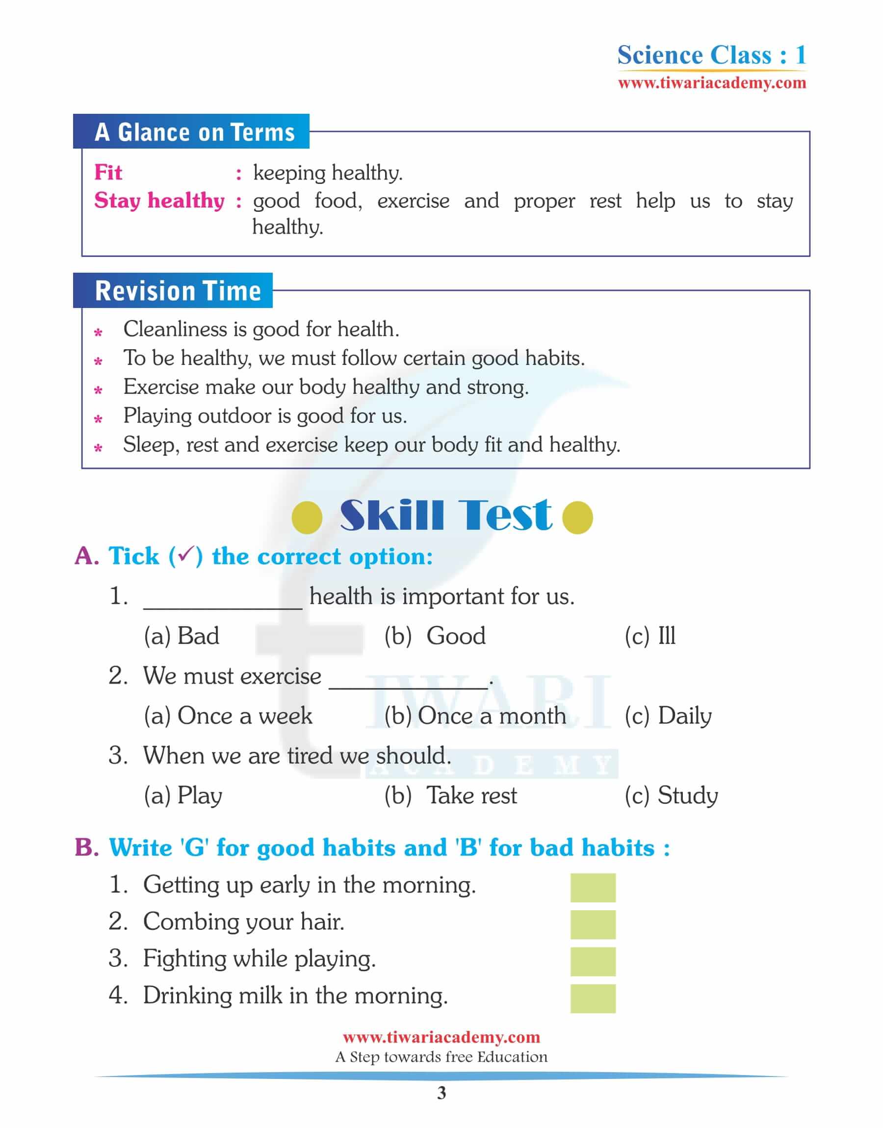 Class 1 Science Chapter 7 Healthy Habits in PDF file (for 202425).