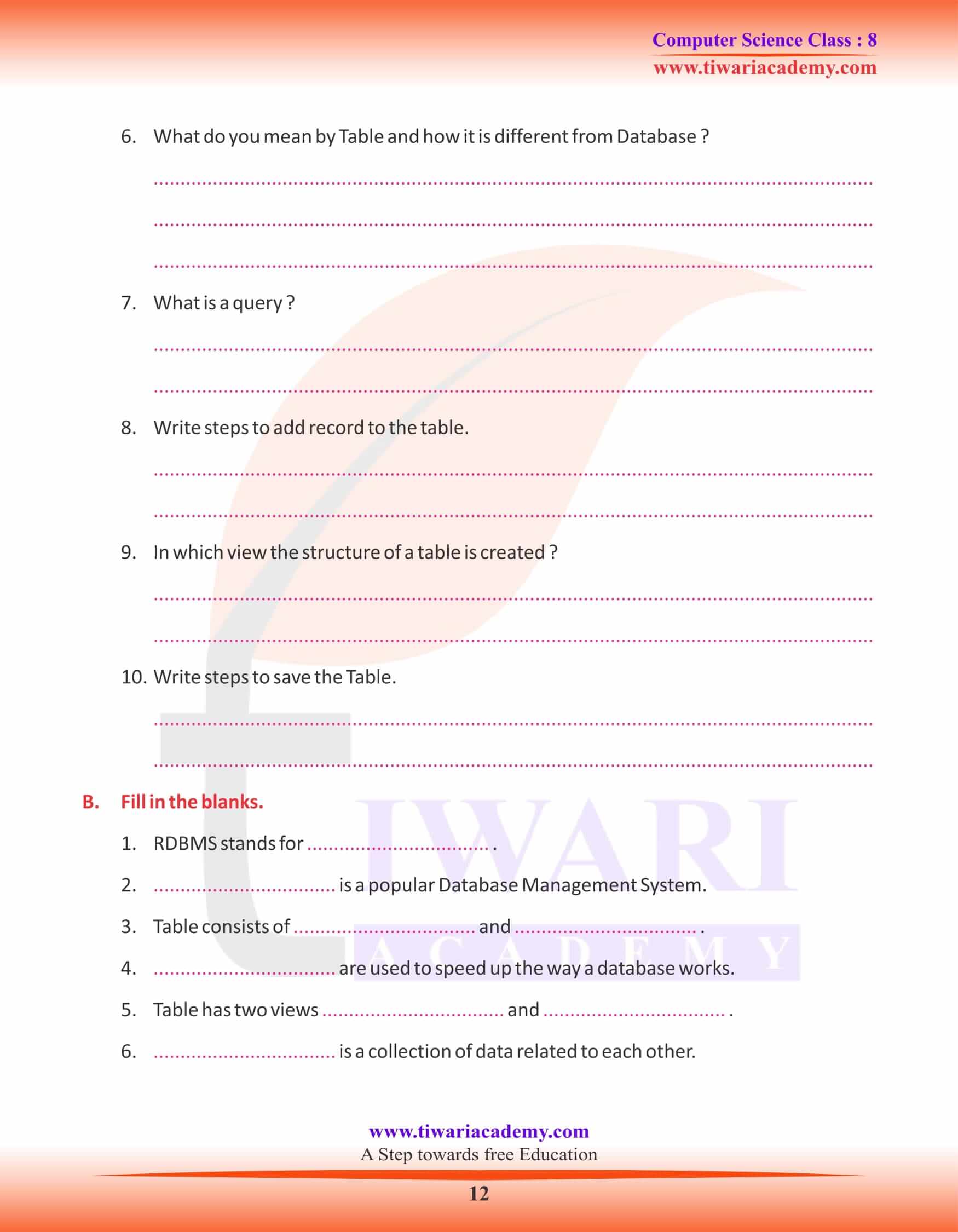 Class 8 Computer Science Chapter 3 MS Access A DBMS