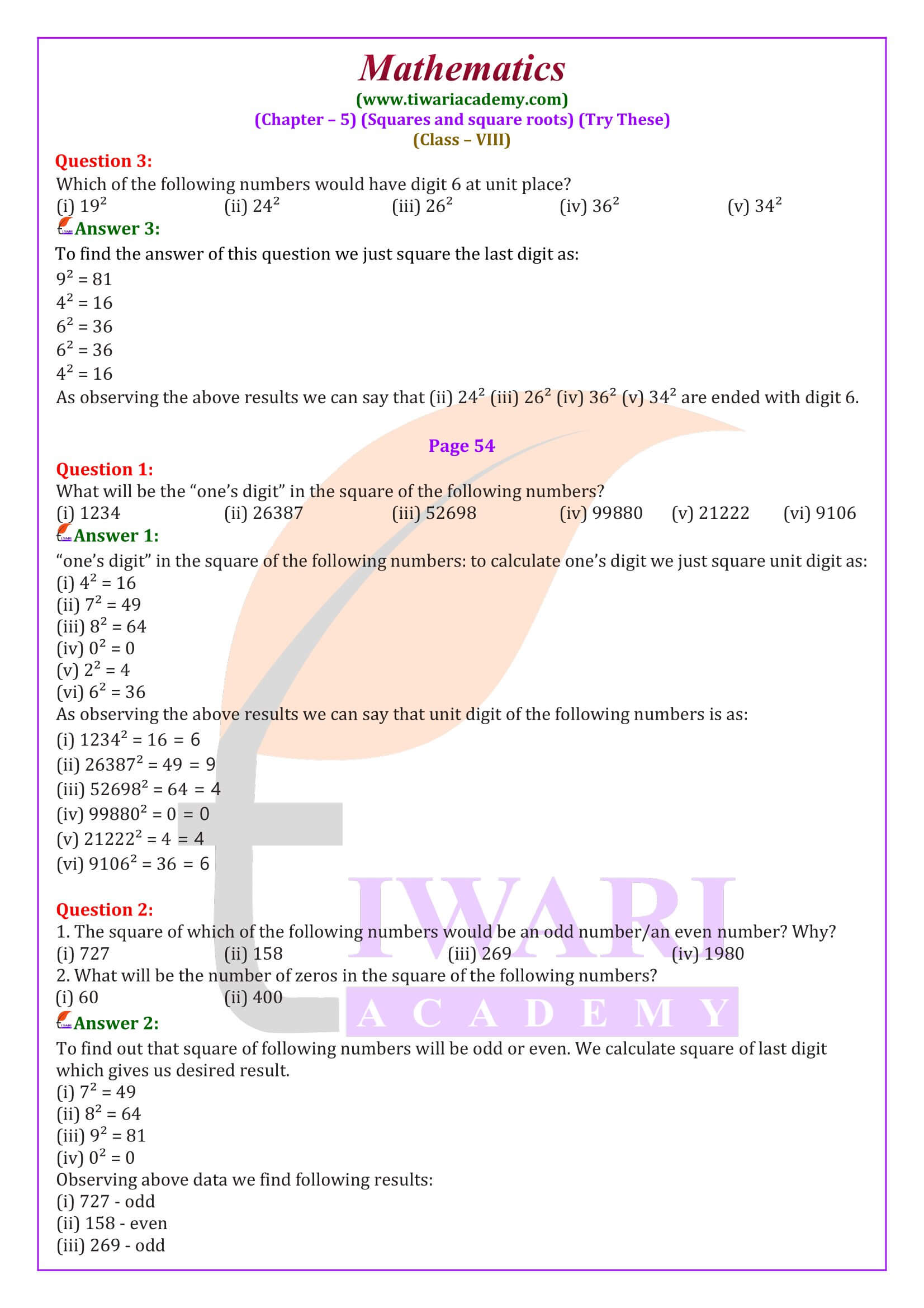 NCERT Solutions for Class 8 Maths Chapter 5 Square and Square Roots