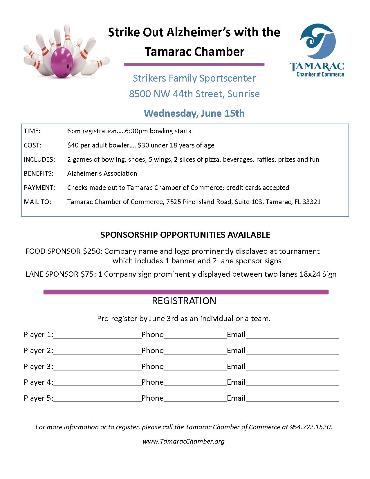 JUNE Bowling sign up sheet Tamarac North Lauderdale Chamber of Commerce