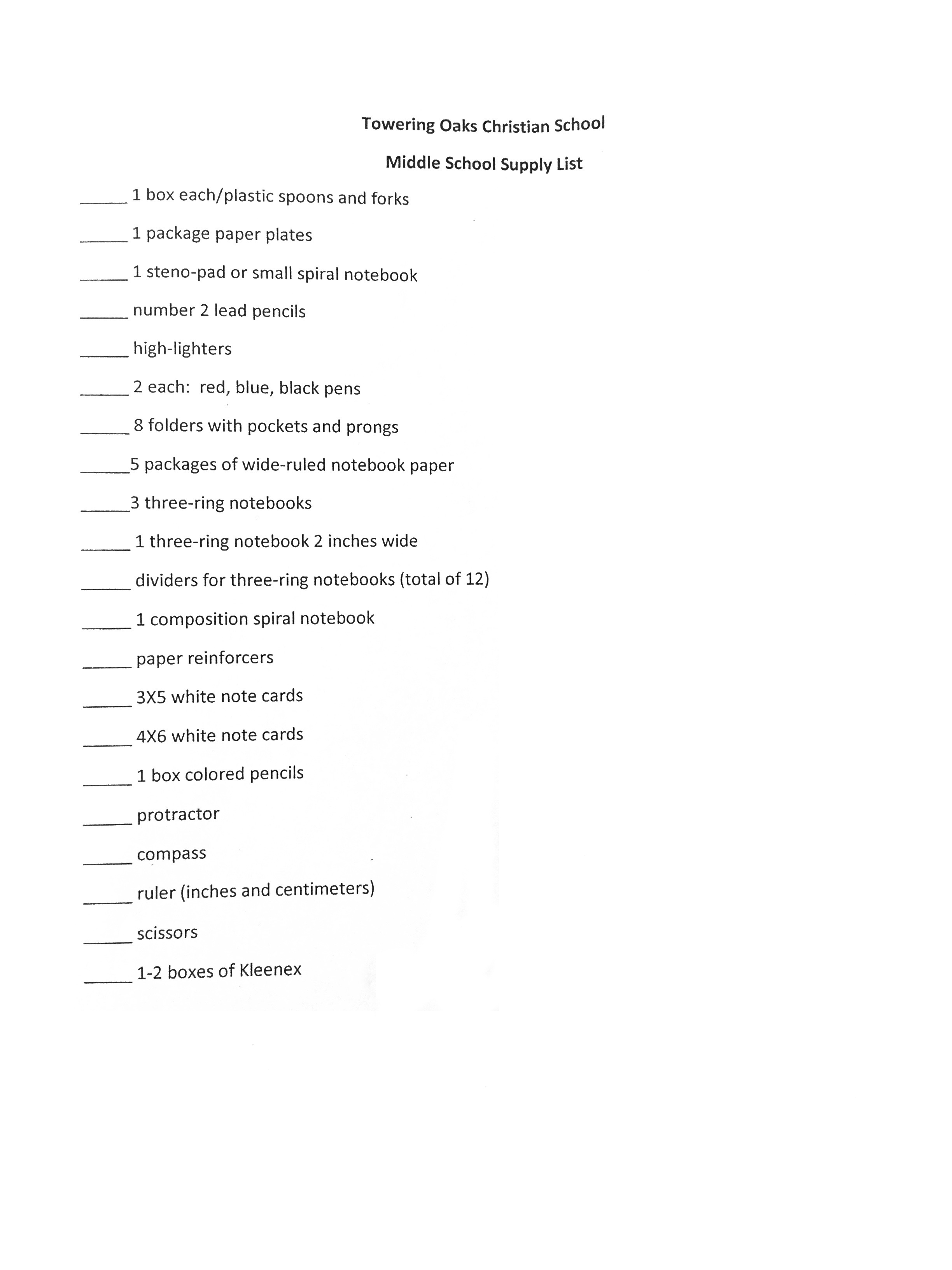 Sixth Grade Supply List TOCS • K12 Christian School • Preschool