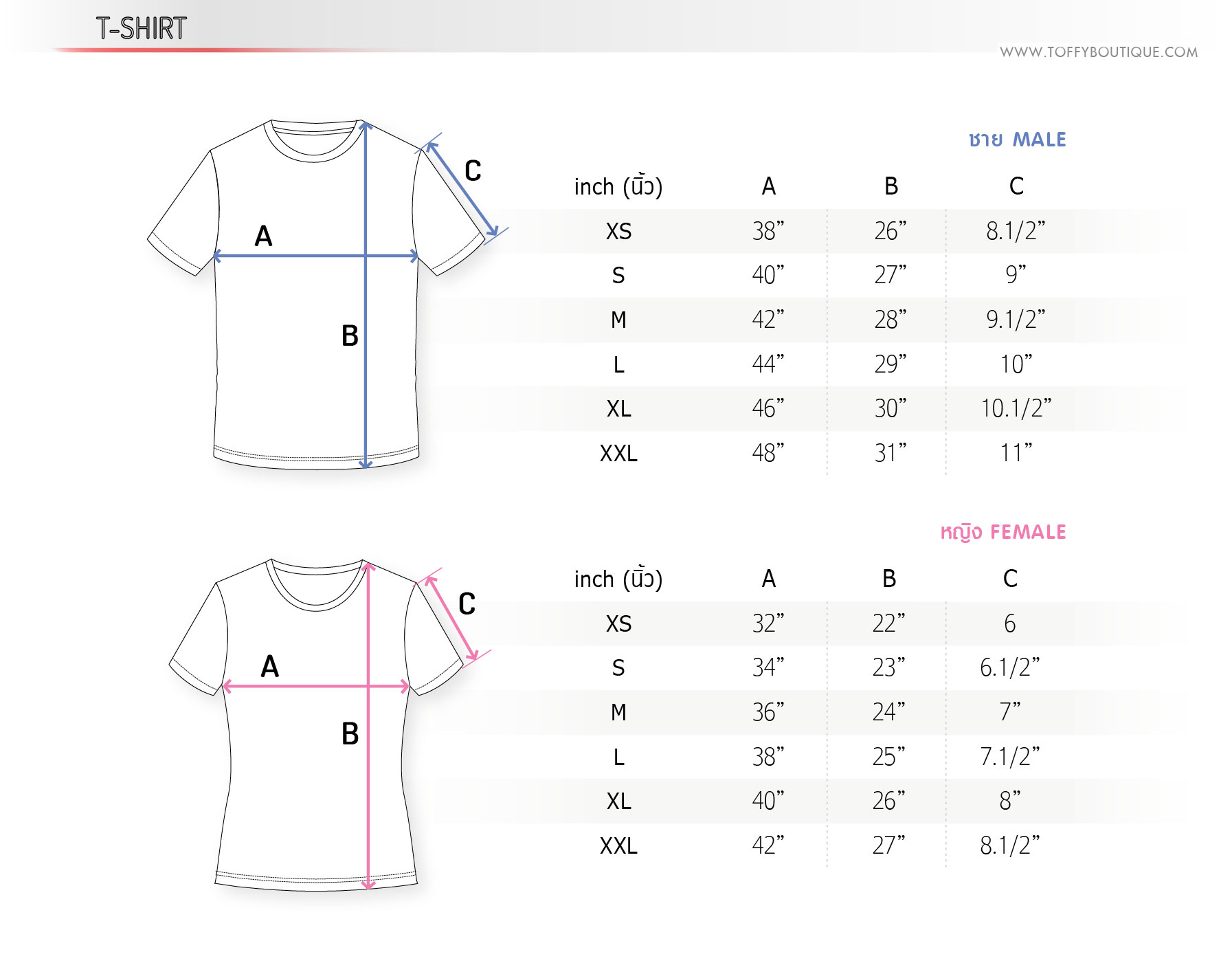 Size Spec | ไซซ์เสื้อมาตราฐาน - บริษัท ทอฟฟี่ บูติก จำกัด