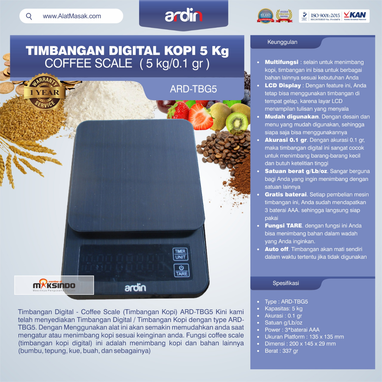 Jual Timbangan Digital Kopi 5 kg ARD-TBG5 (coffee scale) di Malang - Toko Mesin Maksindo di Malang