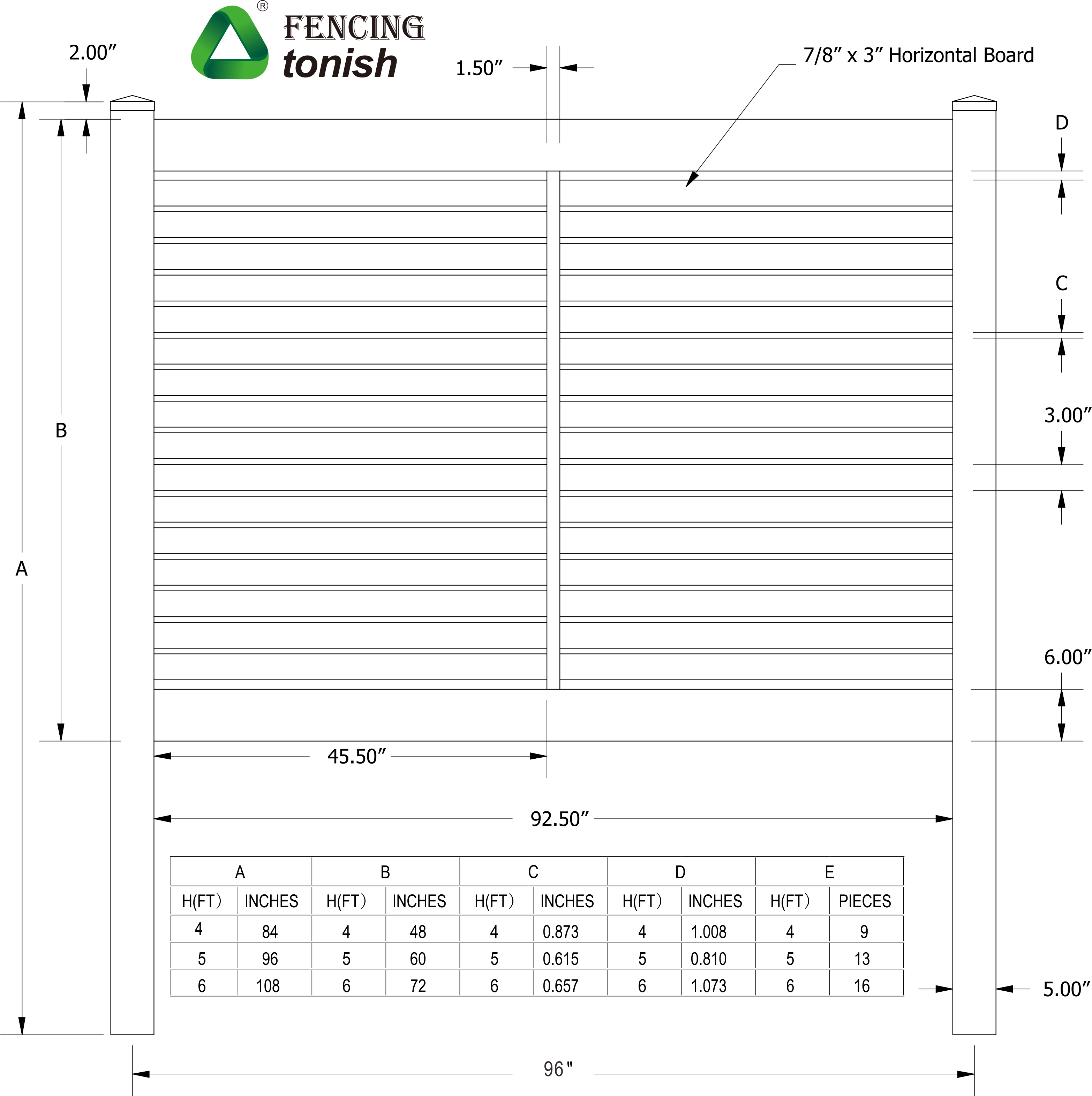 Tonish Vinyl SemiPrivacy Fence with Horizontal 3" Boards and a 1.5" x 1.5" Vertical Rail Tongli