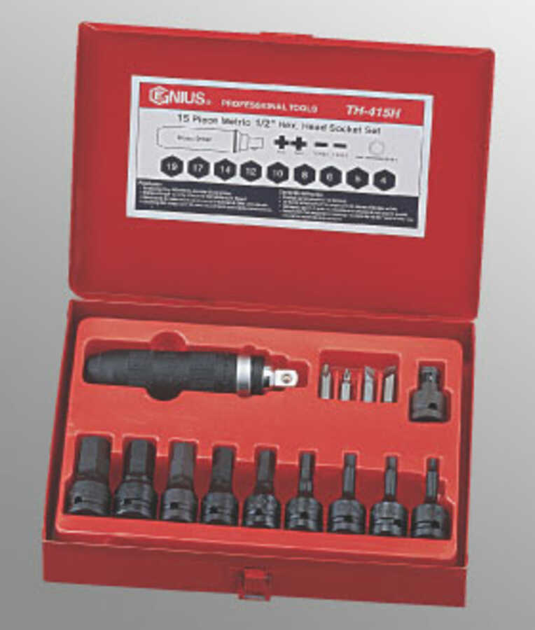 15PC 1/2 Dr. Metric Hex Head Socket Genius Tools TH415H