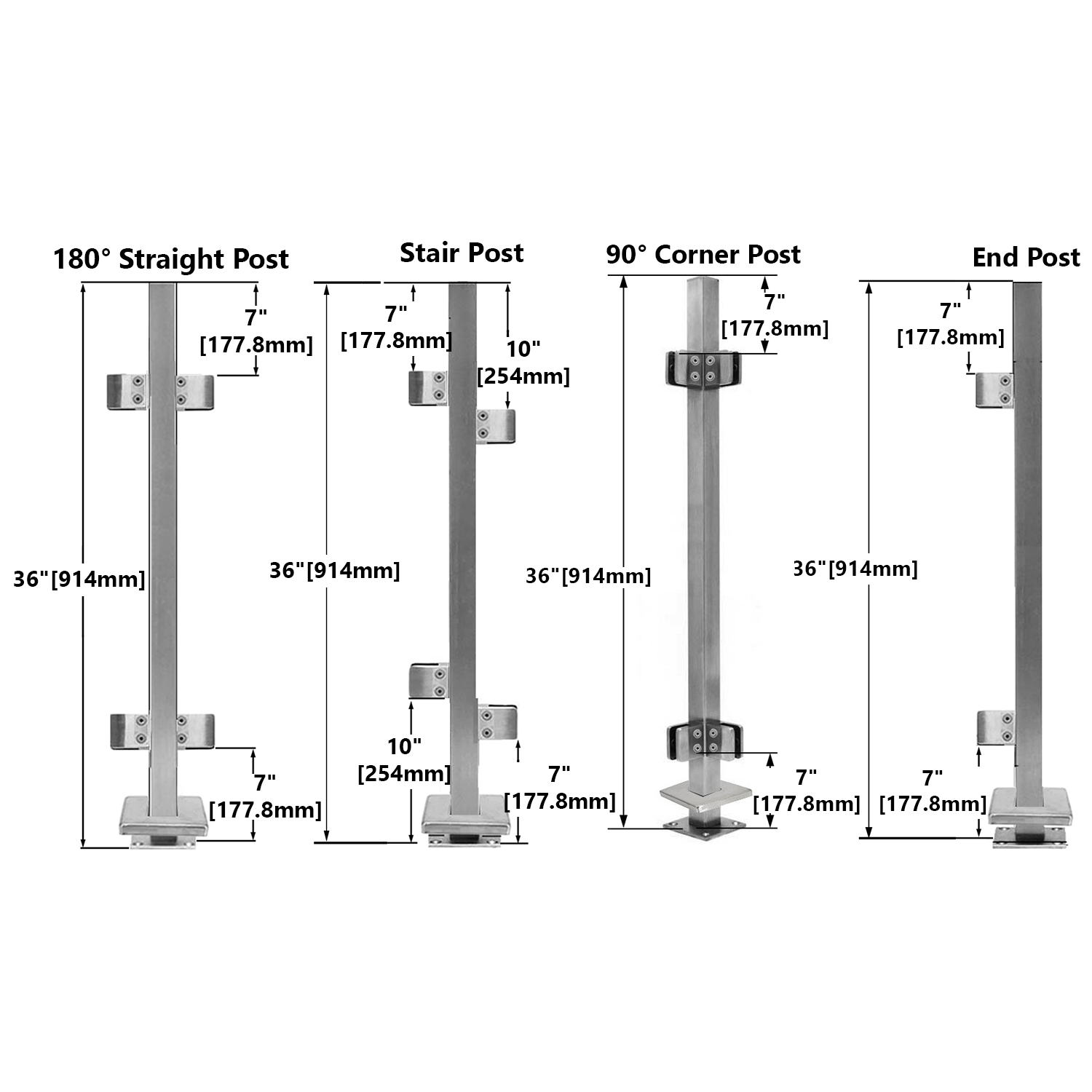 Stainless Steel 316 Glass Railing System 36” Height ,2 x 2″ Square