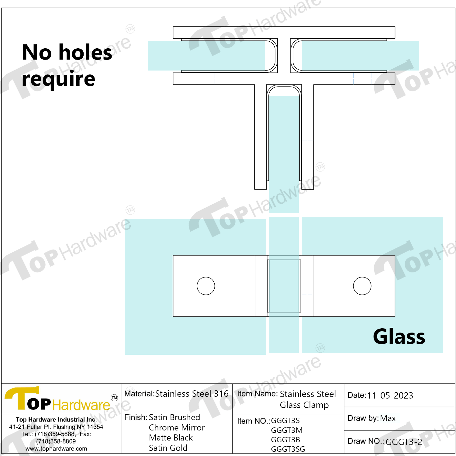 (GGGT3_) Stainless Steel 316, 3Way Glass Clamp for Glass Thickness 1/2
