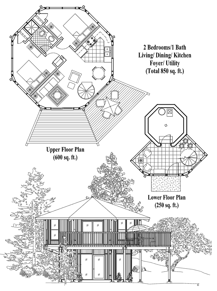 Online House Plan 2 Bedrooms, 1 Baths, 850 sq. ft., Enclosed Pedestal