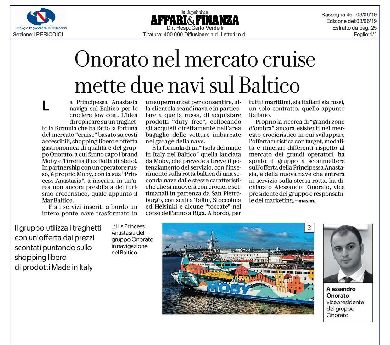 Onorato nel mercato cruise mette due navi sul baltico