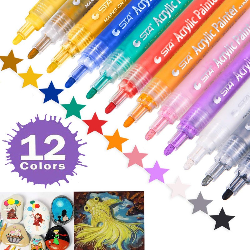 STA 12 Colors Permanent Acrylic Paint Art Marker Pen Set for Glass
