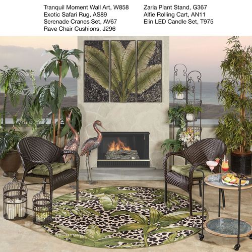 Exotic Safari Palm Leaf Leopard Print Indoor Outdoor Round Rug