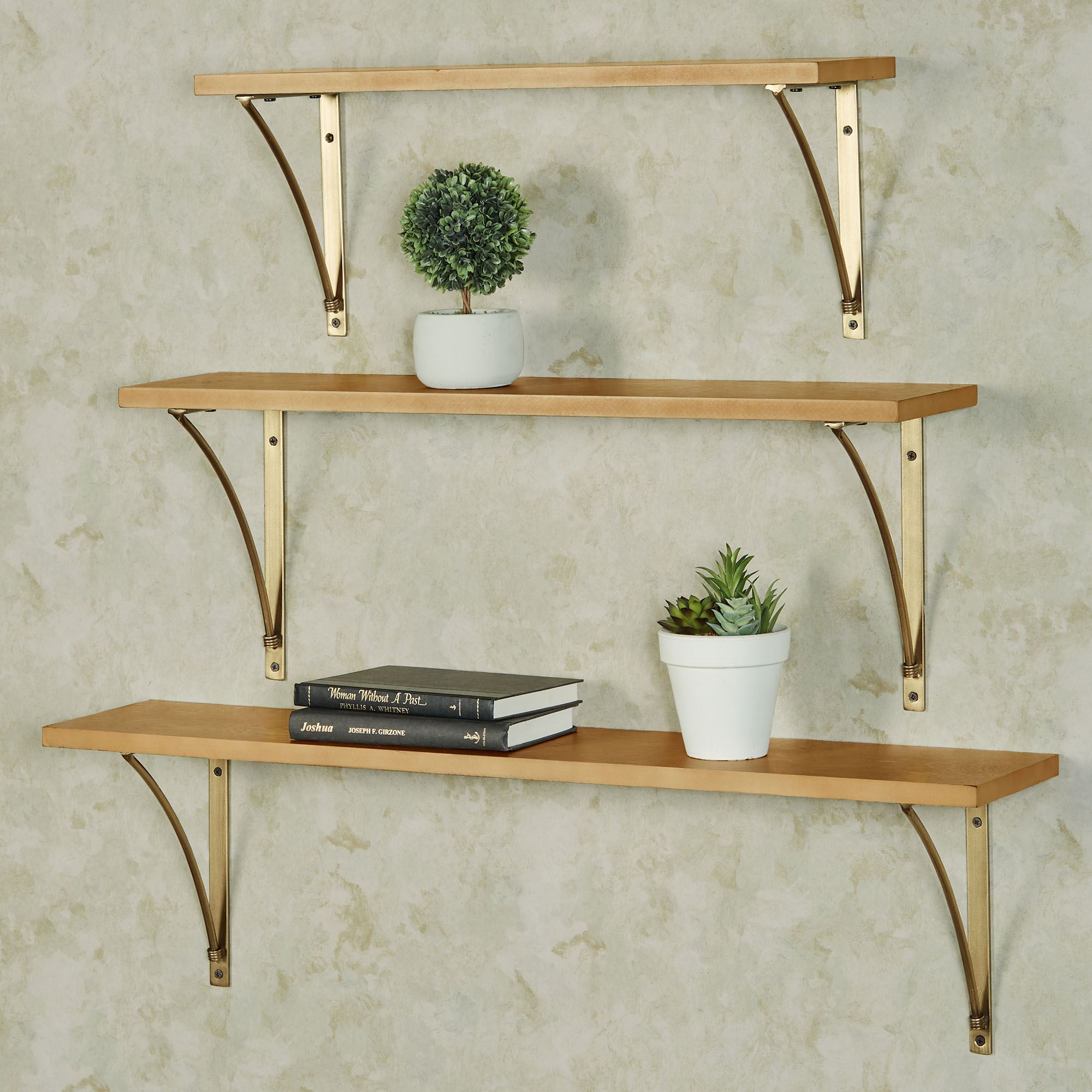 Artemis Wood and Brushed Brass Metal Wall Display Shelf Set of 3