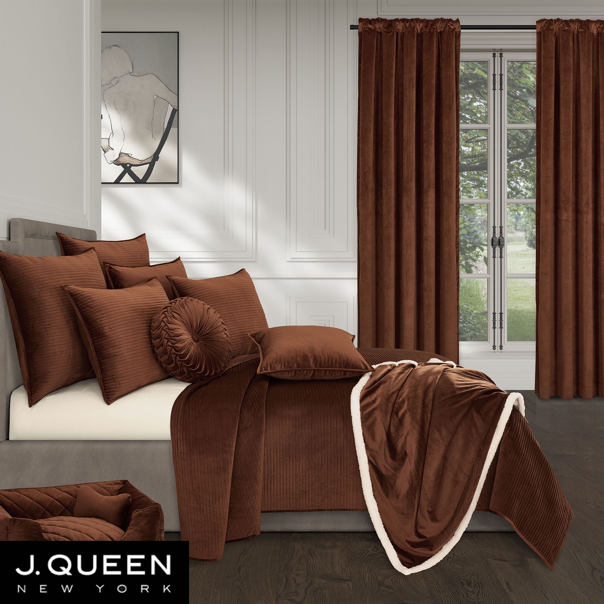 Townsend Solid Terra Cotta Velvet Quilt Set Luxury Bedding by J Queen