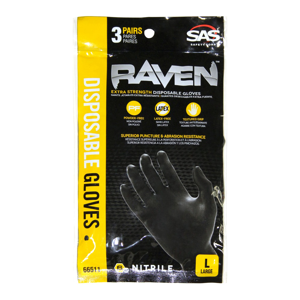 SAS Raven Powder Free Nitrile Gloves Large (Package of 3 Pairs
