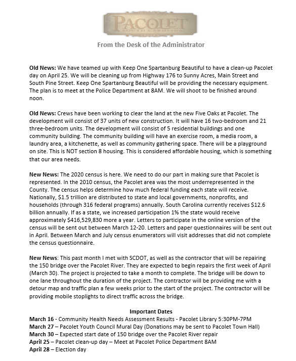 From the Desk of the Administrator Town of Pacolet