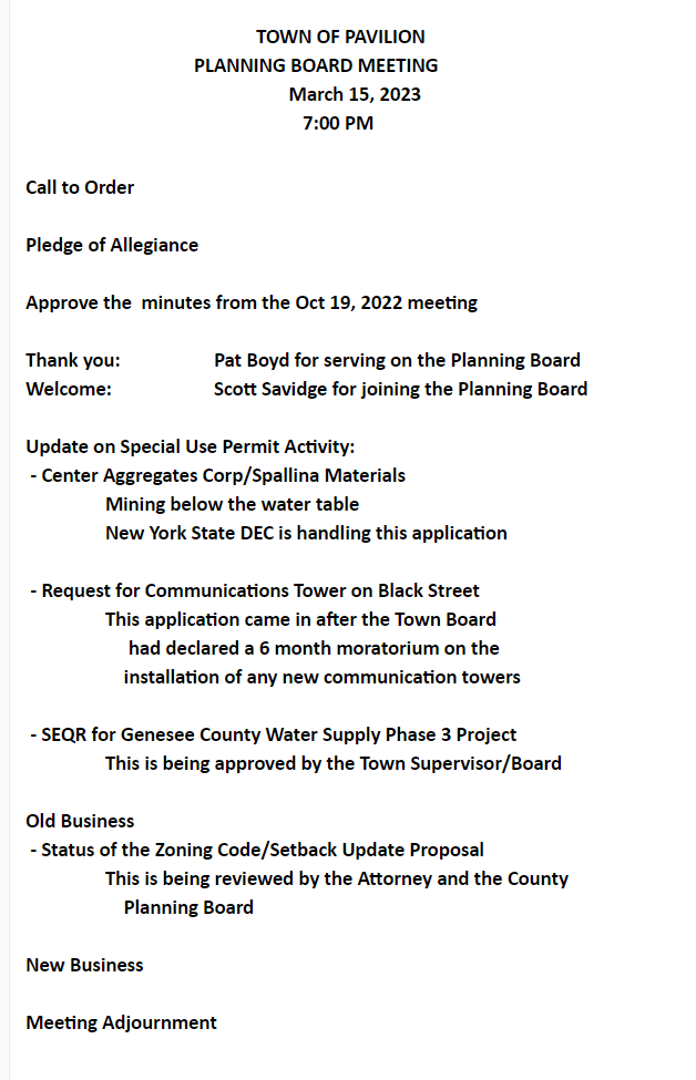 Planning Board Agenda 3/13/2023 Town of Pavilion