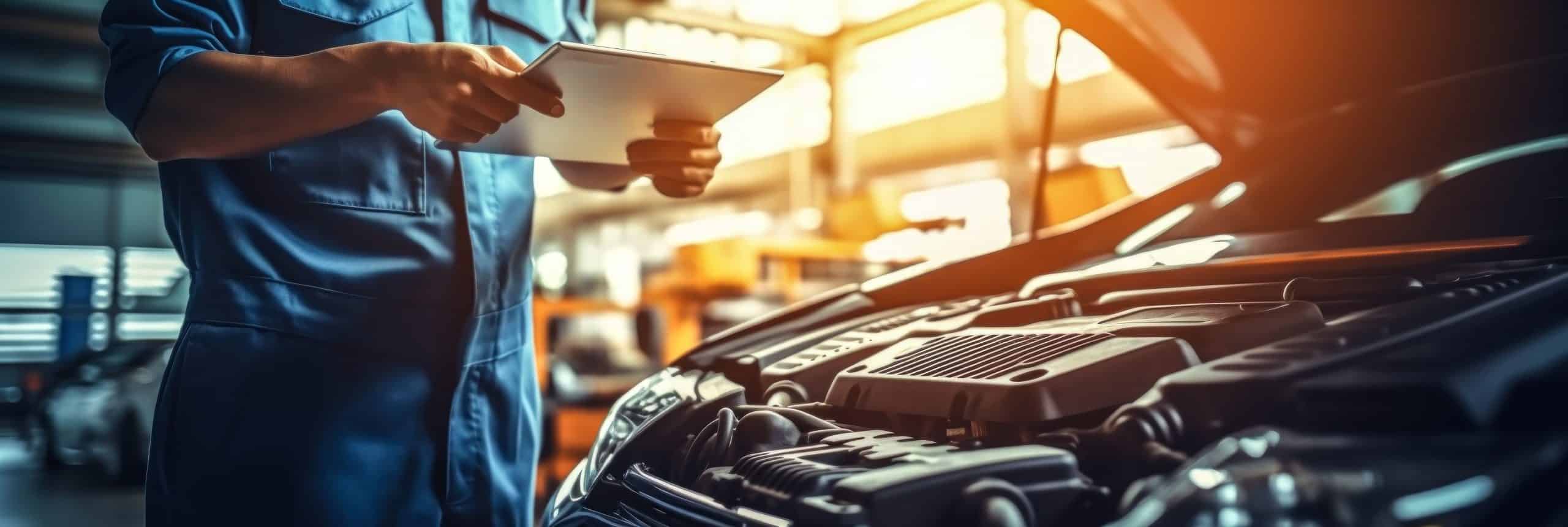 a car mechanic in auto repair shop checking engine For customers who