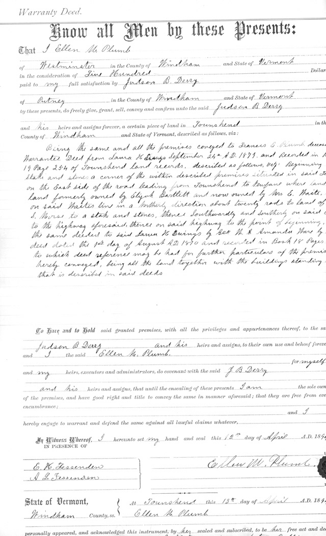 » Judson Derry Warranty Deed 1894