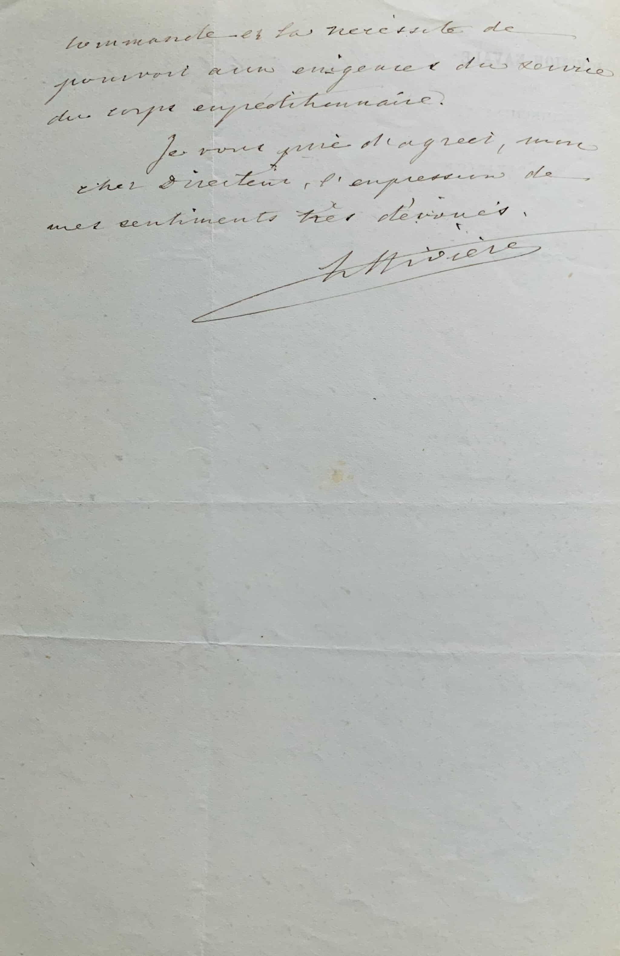 Lettre d’Hanoï du commandant Henri Rivière, deux mois avant sa mort