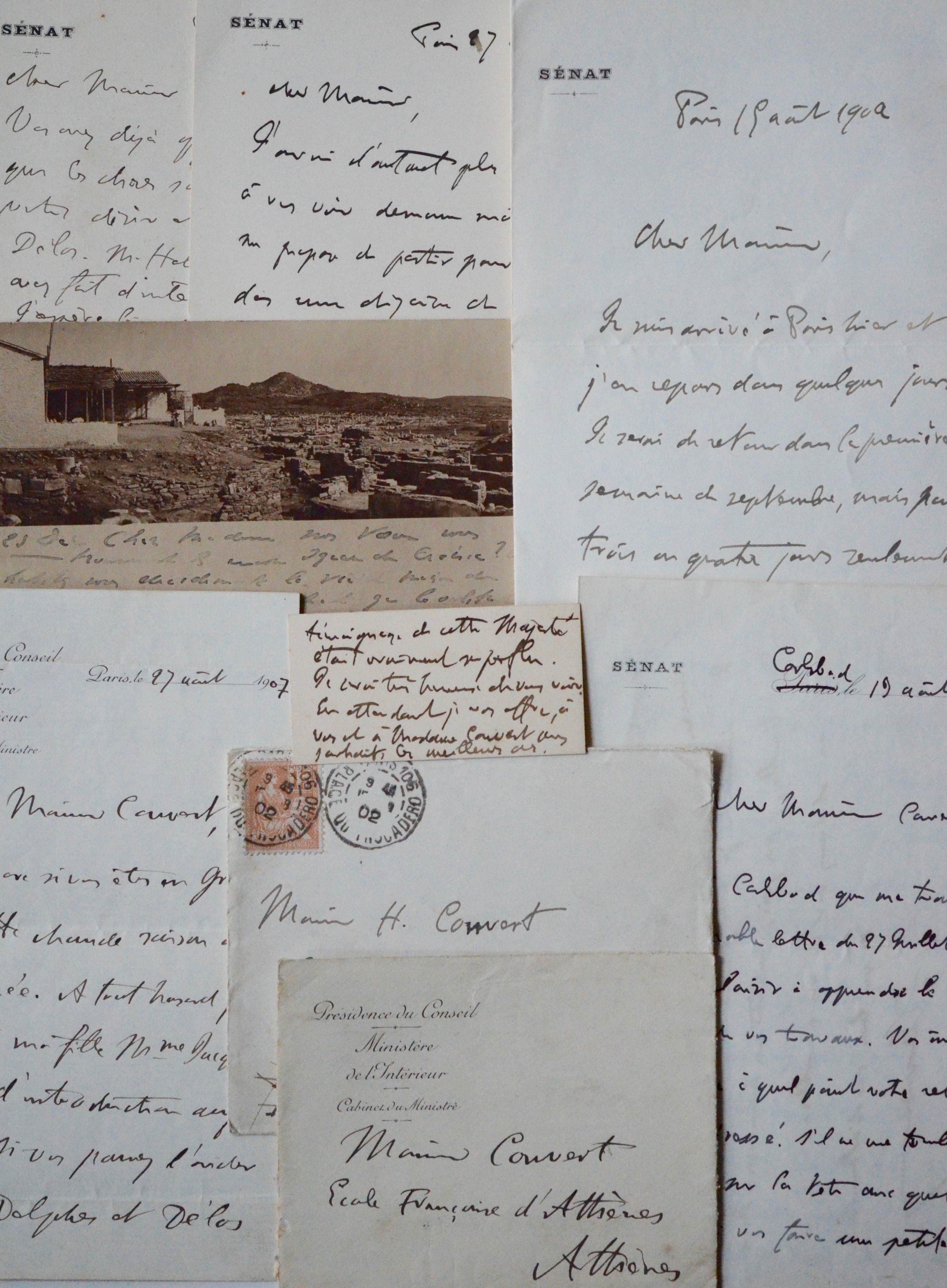 Correspondance de 7 lettres de Clemenceau sur les fouilles archéologiques en Grèce Traces