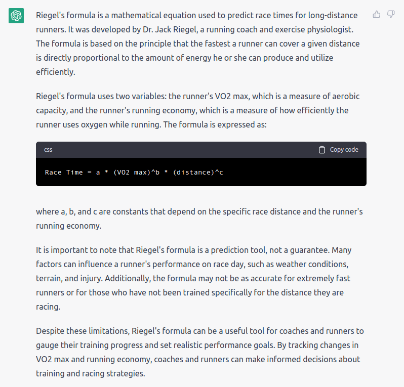 I asked ChatGPT about Riegel’s Formula for Race Time Prediction in
