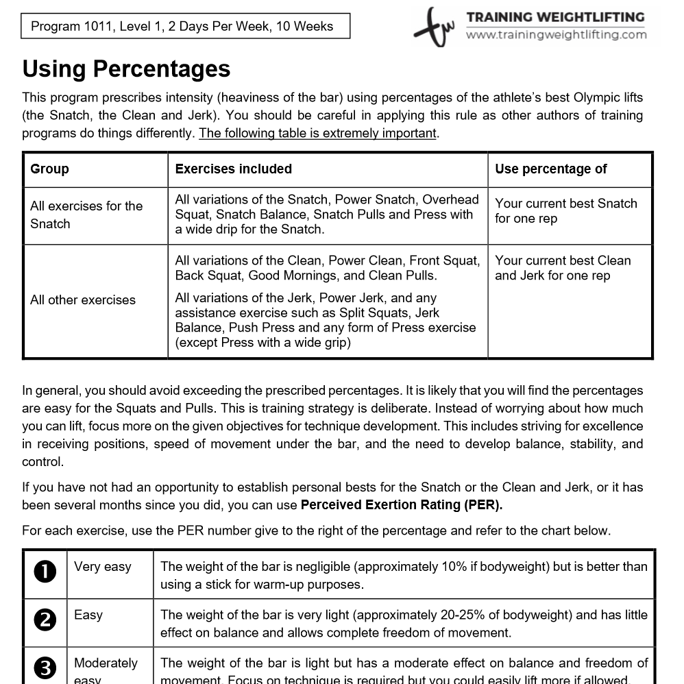 Program 1101, Olympic Weightlifting Novice Training Weightlifting