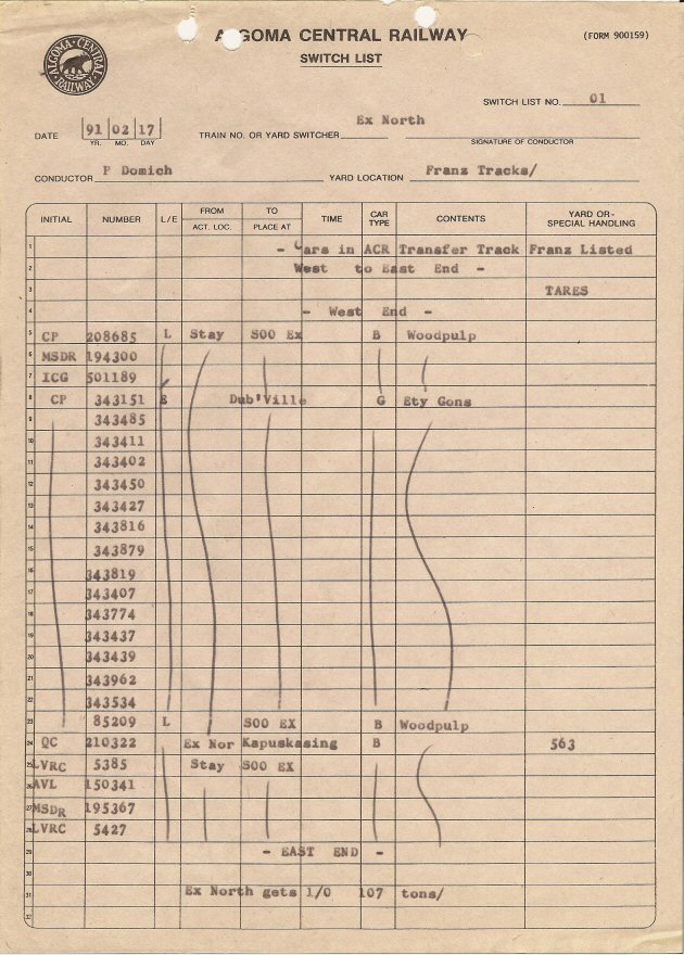 Blank switchlist form ACR Switchlist Franz 021791